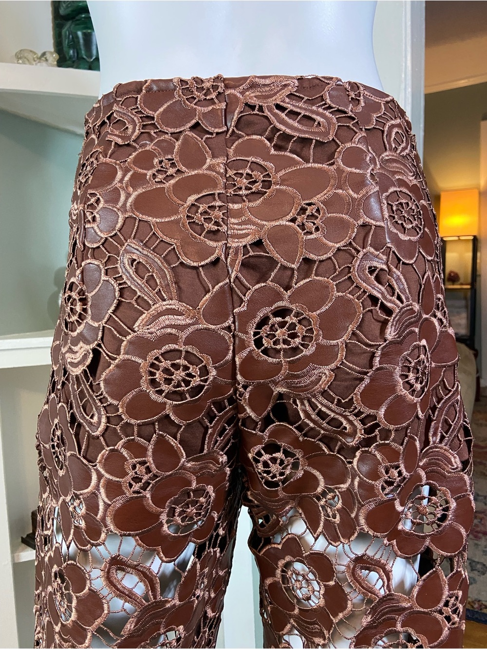 Anthropologie Faux Leather Lace Brown Floral Pants Sheer Embroidered Size 4 [CH] - Picture 9 of 13